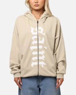 Saint Morta Gothic Distressed Zip Hoodie Stone